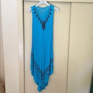 Blue Asymmetrical Handkerchief Hem Dress with Black Embroidery
